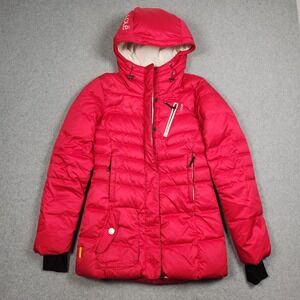 LOLE Down Jacket Womens XS Hooded Snap Zip Puffy Quilted Long Duck Duvet